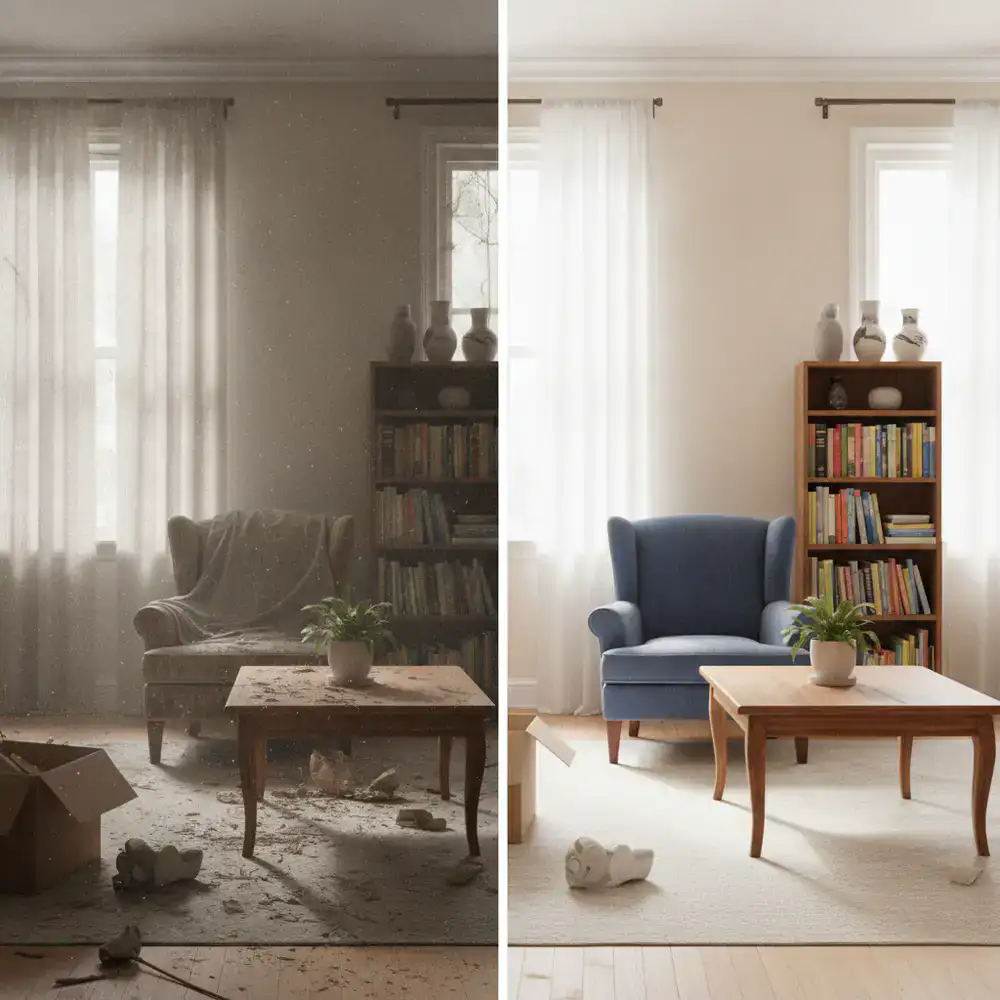 Split view showing a dusty room transformed into a sparkling clean living area