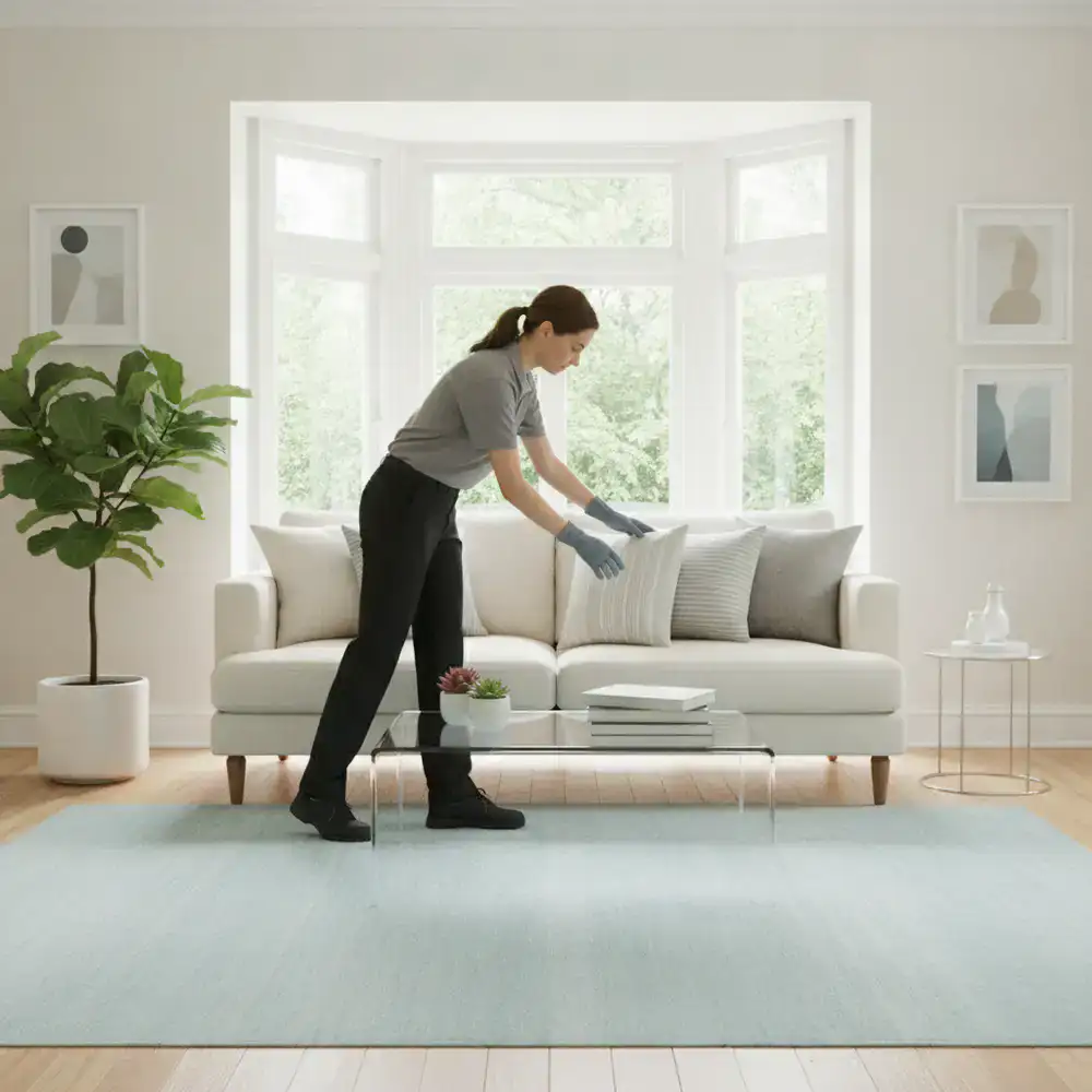 Cleaning professional tidying a bright living room