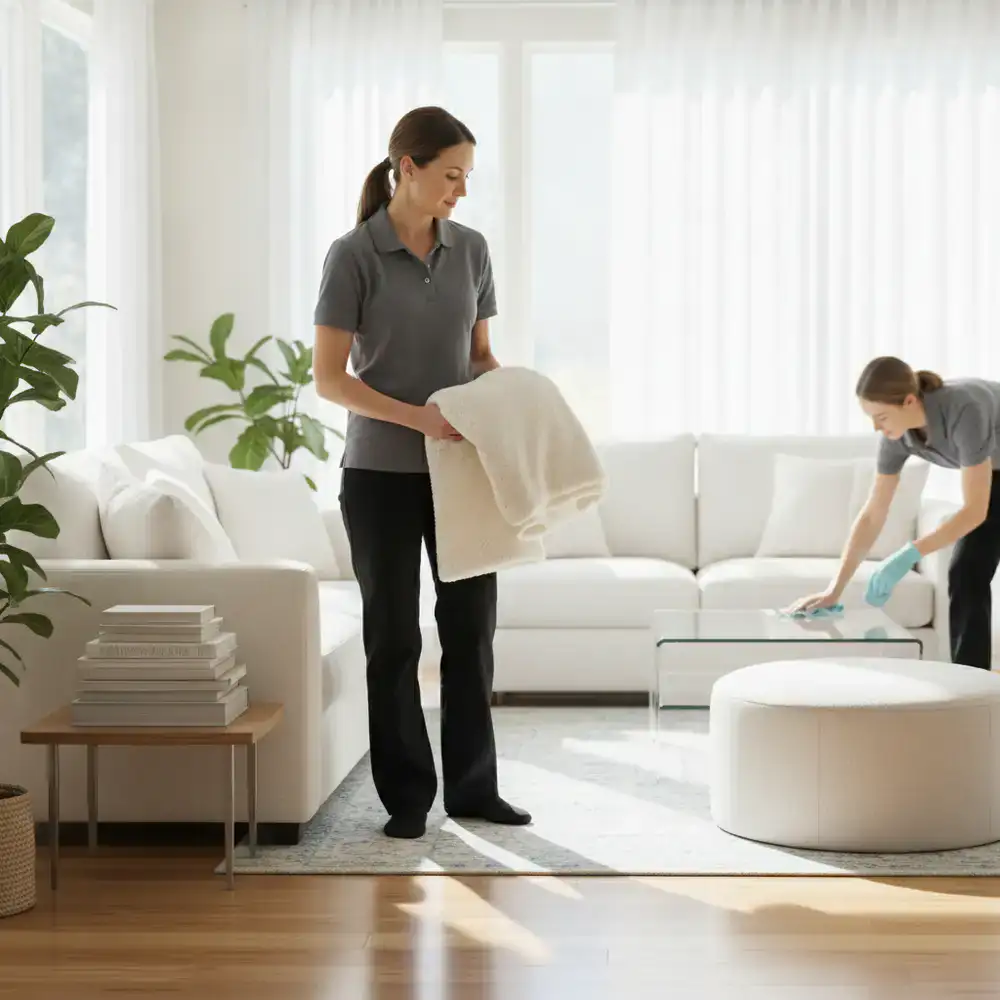 Professional cleaner organizing a bright living room