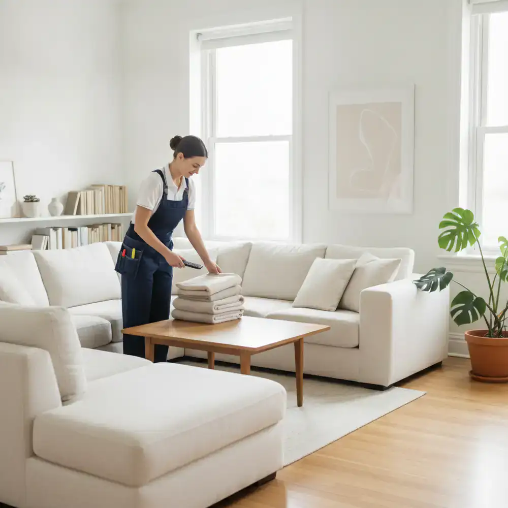 Professional cleaner organizing a living room space