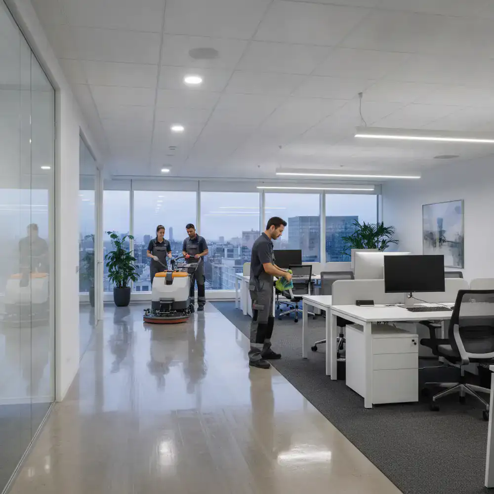 Commercial cleaning staff working after hours in a modern office