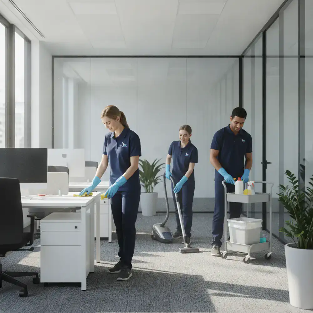 CleanNest Pro staff conducting daily office cleaning