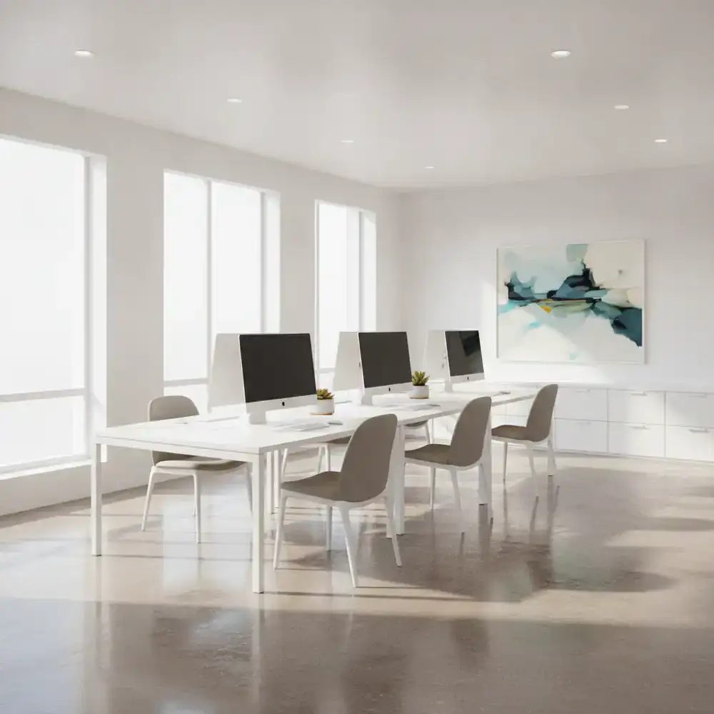Clean modern office workspace with polished floors