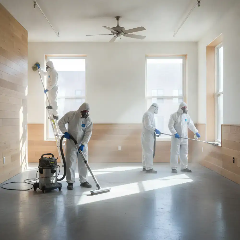 Cleaning crew removing fine dust from a newly renovated space