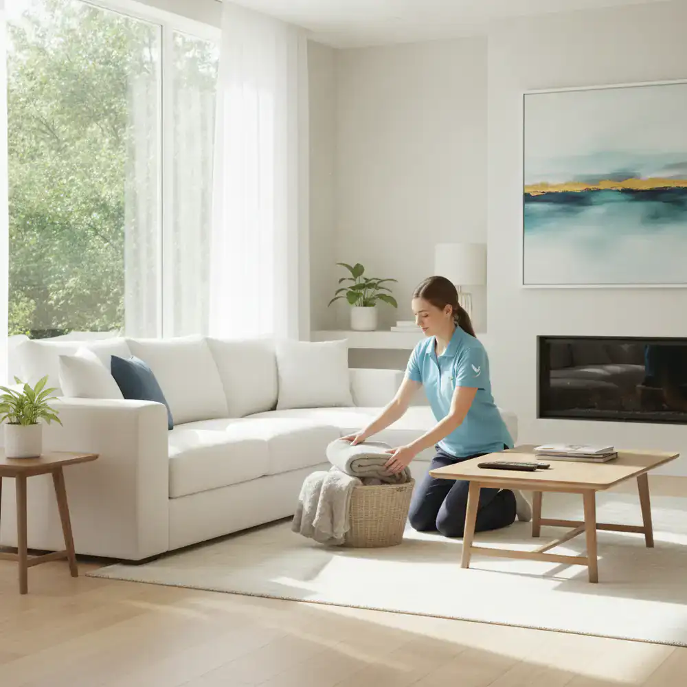CleanNest Pro team member organizing a bright living room
